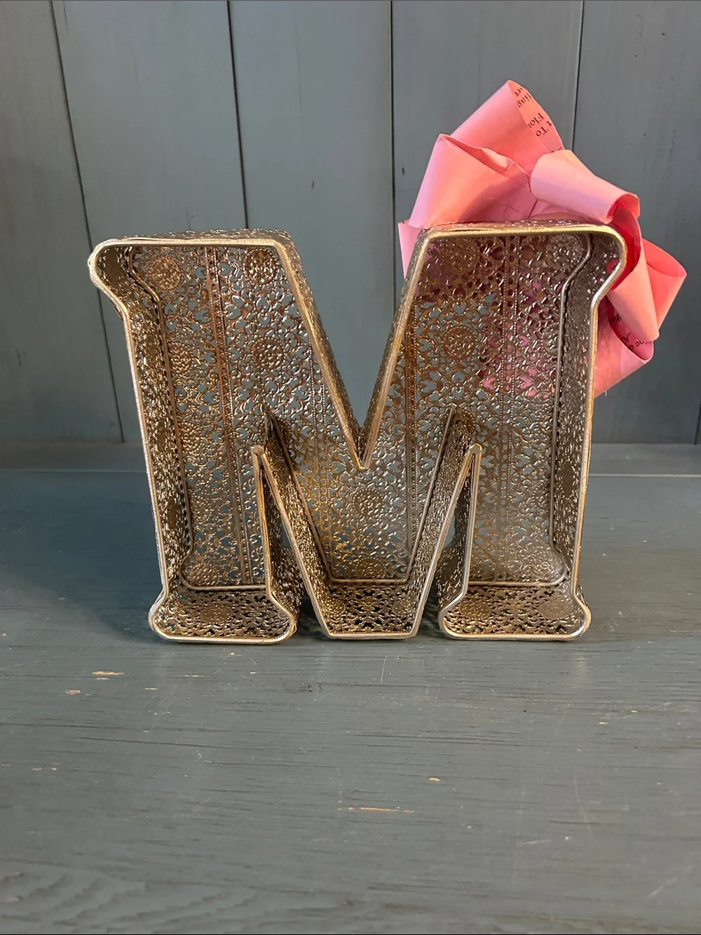 Hand Crafted Silver Decorative Letter “M” with Pink Bow